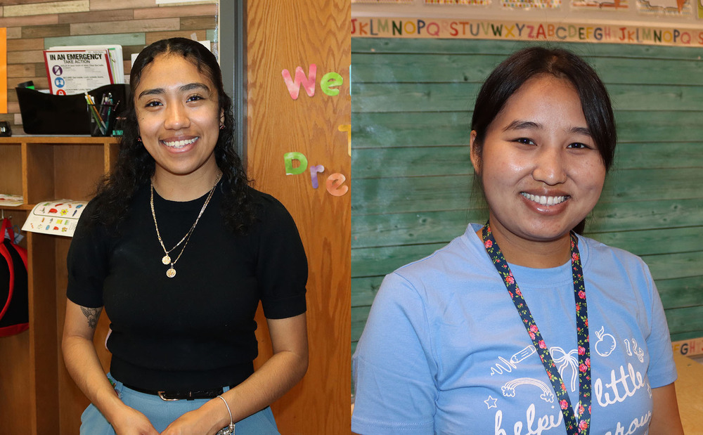 From left, early childhood teachers Brenda Perez Lopez and Hser Blay smile in separate photos. Brenda is smiling in a classroom at Campbell Elementary School. She is standing in front of cubbies where students put their backpacks. Hser is smiling in a classroom at Belmont Elementary School. she is standing in front of a bulletin board that has wooden planks and the letters of the alphabet on it.