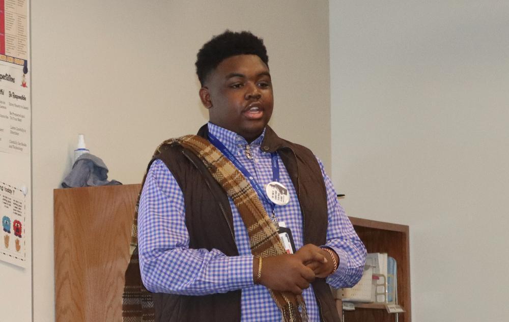 Jamersyn Hughes speaks to Belmont Elementary School fifth graders during a special presentation Tuesday morning.
