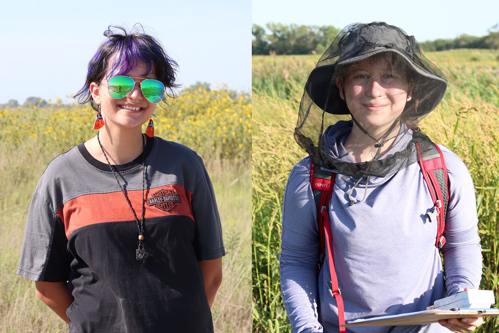 From left, Science Focus Program seniors Amalia and Lillian stand at their senior project sites in separate photos. Amalia is standing in a dry lakebed at Arbor Lake with patches of sunflowers behind her. Lillian is standing amongst tall grasses and plants at Marsh Wren Saline Wetlands.