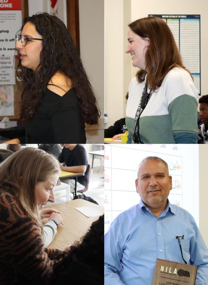 There are four separate photos combined into one collage. At top left, Lincoln High teacher Brenda Lopez Adame looks from right to left in her classroom. She has long curly hair and is wearing a long-sleeved shirt with glasses. At top right, Moore Middle School teacher Sarah Klankey looks from right to left. She has shoulder-length hair and is wearing a plush long-sleeved shirt and a lanyard with her LPS badge. At bottom left, Janine Theiler leans down to speak to a student at Northeast High School. She is looking from left to right and has shoulder-length hair. At bottom right, Mohammed Alnajem smiles with his state award in his classroom at North Star High School. He is wearing a long-sleeved shirt and is standing in front of a screen on the wall. All four teachers earned state awards from the Nebraska Languages Association.
