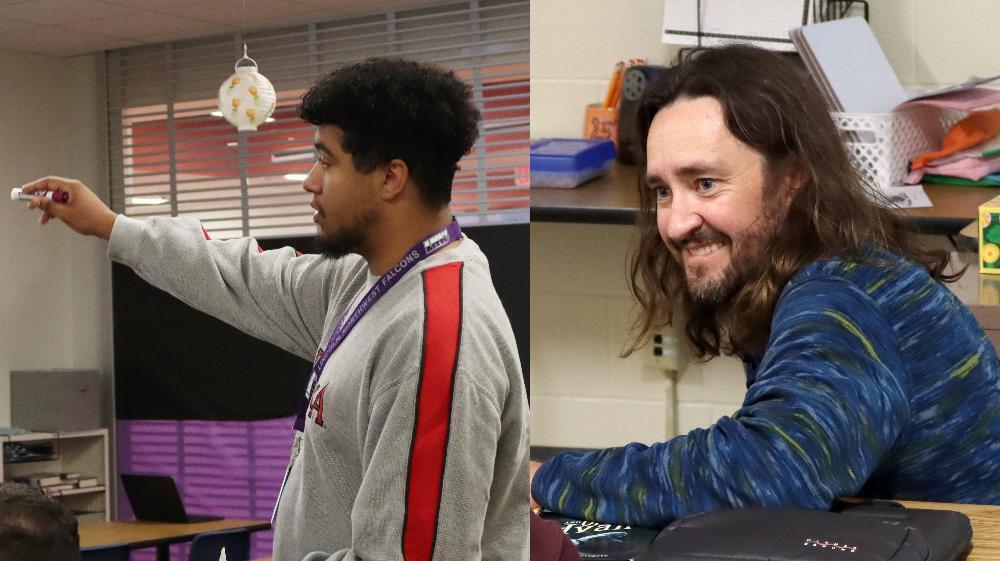 The image contains two photos. At left, Northwest High School teacher Isaiah Collier uses his right hand to gesture during a lesson. At right, Collier receives a Growing Graduates state award.