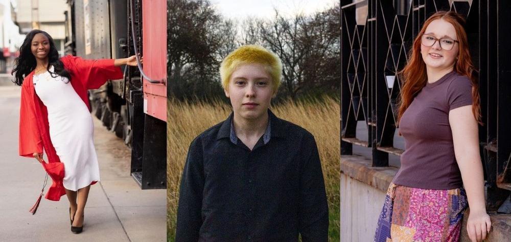 This image shows three portraits. Left: A smiling Black woman in a red graduation gown and white dress, leaning on a train. Middle: A person with short yellow hair in a dark shirt, outdoors. Right: A red-haired woman with glasses in a dark shirt and patchwork skirt, leaning on a fence.