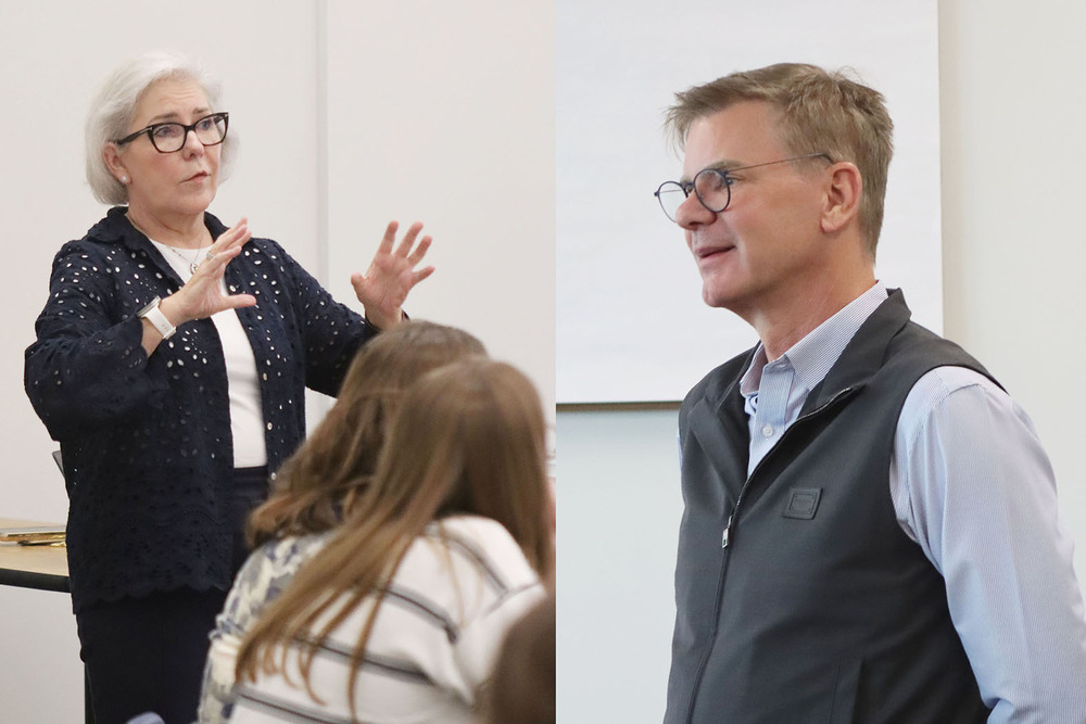 From left, distinguished literacy researchers Nancy Frey and Doug Fisher present to Lincoln Public Schools teachers at Standing Bear High School. The lefthand image of the collage shows Nancy speaking to teachers at a breakout session. She is holding her hands in front of her to emphasize a point. The righthand image shows Doug Fisher speaking to a separate breakout session in a classroom. He is facing right to left.