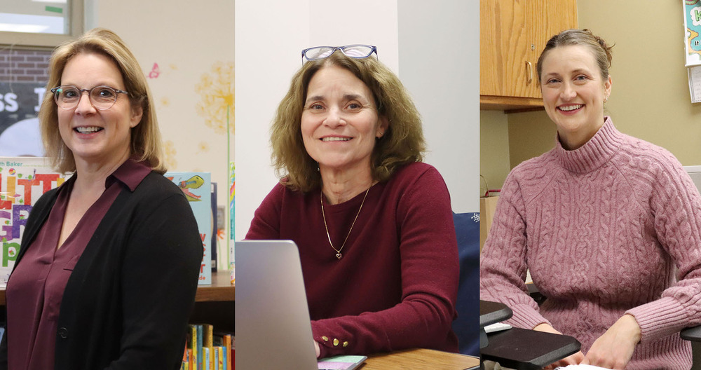 Three women sit for portraits. One woman wears glasses and a dark cardigan over a burgundy top in a library setting. Another woman, wearing glasses atop her head and a maroon sweater, sits at a desk with a laptop. A third woman, wearing a pink sweater, sits in an office.