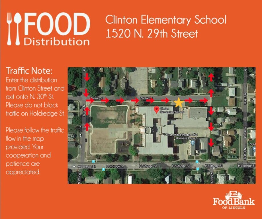 Informational graphic for Food Bank of Lincoln distribution at Clinton Elementary School with traffic instructions and a site map.