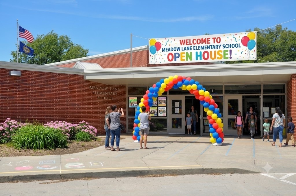 Front of Meadow Lane school building with balloons and a sign stating open house