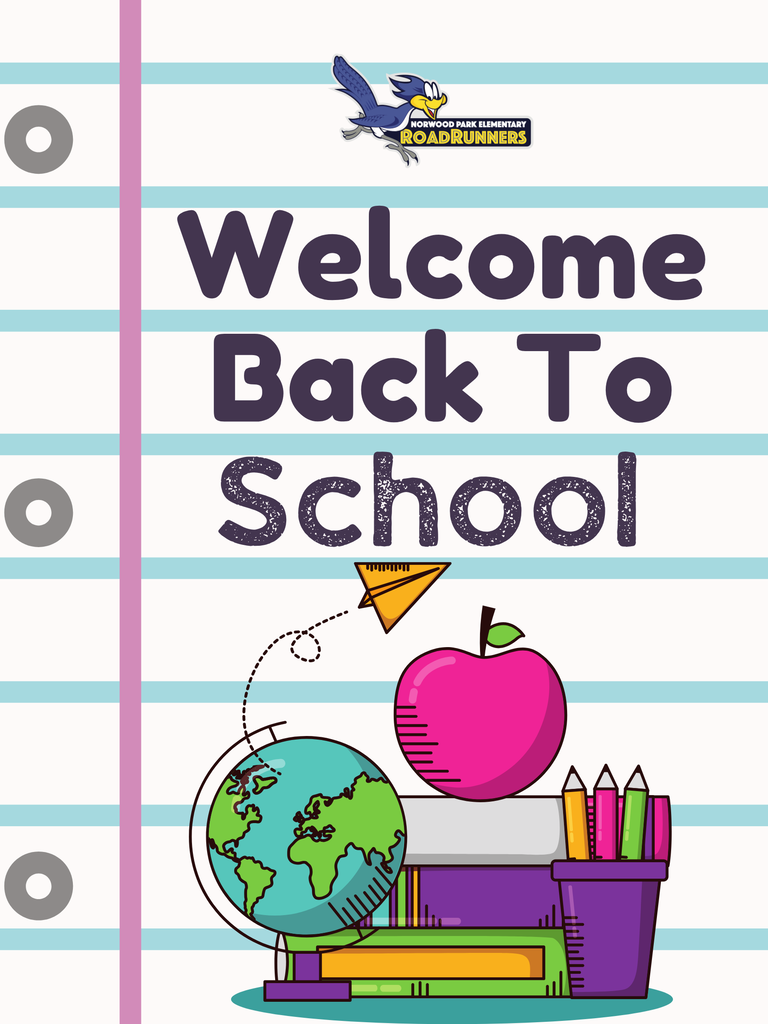 Welcome Back to School on notebook paper with world, books, pencils, and apple