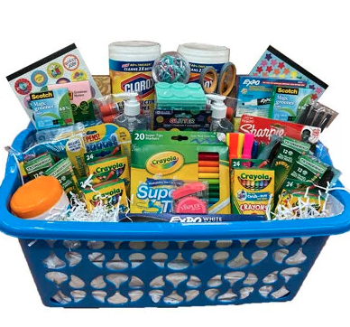 A basket full of school supplies.