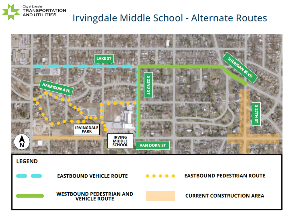 City of Lincoln Transportation and Utilities- Irvingdale Middle School Alternate Routes.  Image contains a map with a legend showing the alternate routes described in the post above. 