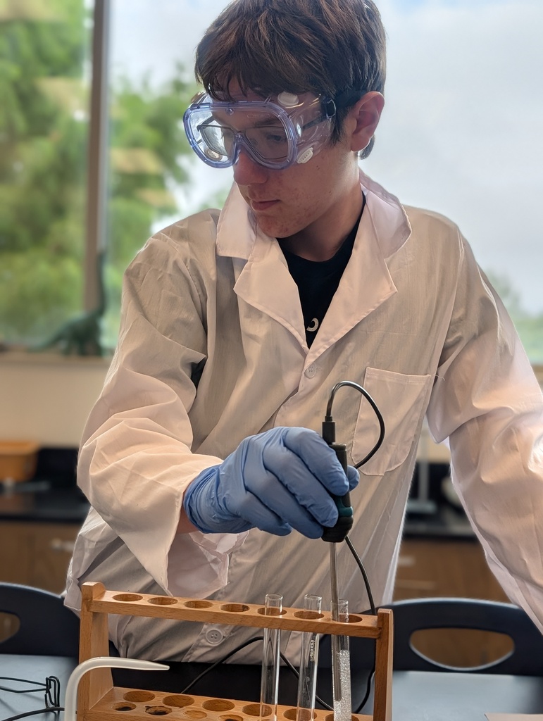 Student in a lab coat, goggles, and gloves places a probe in a test tube with chemicals while collecting data.