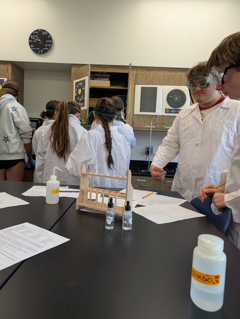 Students are conducting chemistry labs with test tubes and labeled bottles of chemicals.