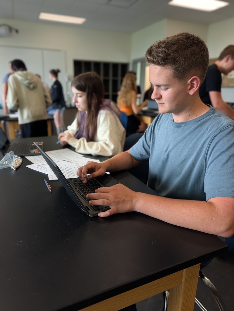 Students input data on a chromebook in Chemistry lab.