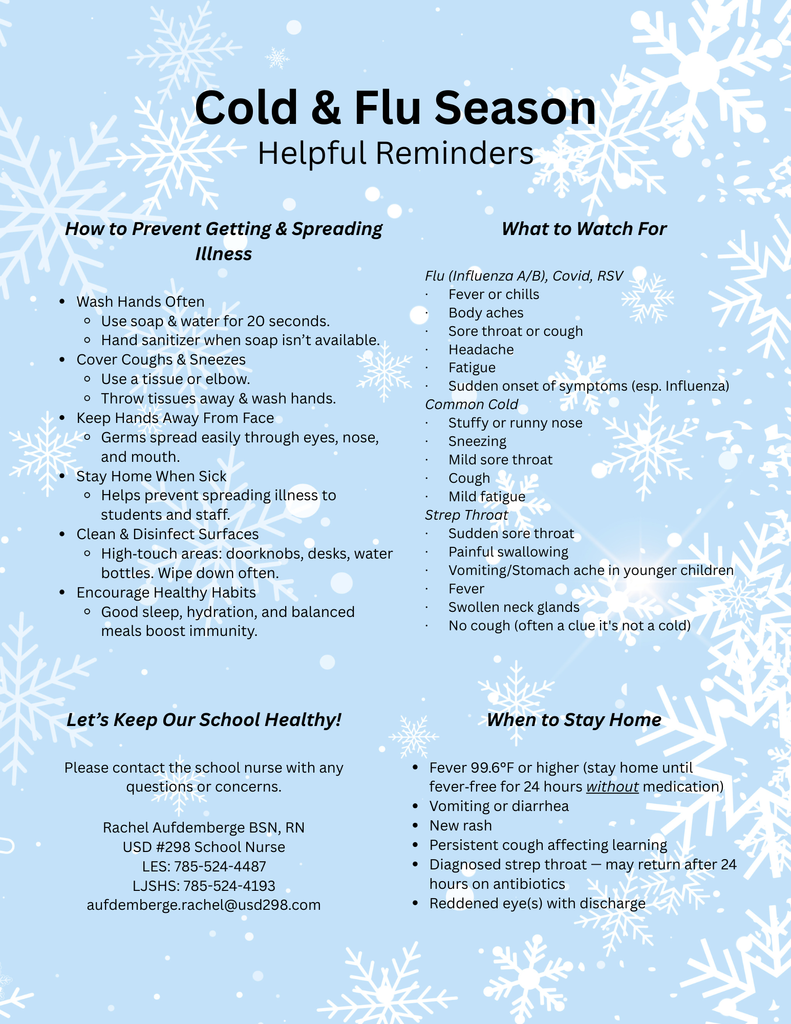Helpful reminders to keep our students & staff healthy this cold & flu season!