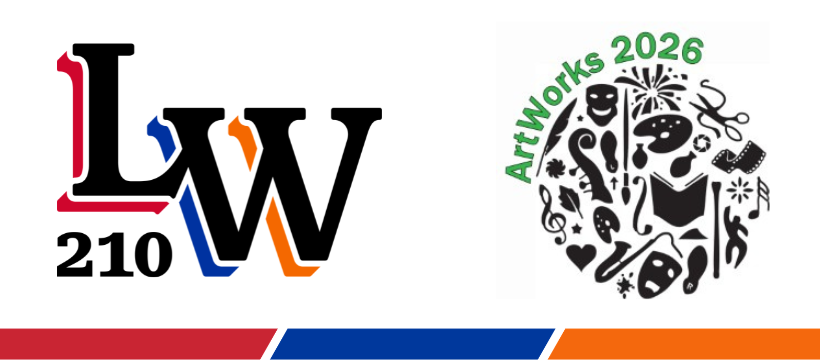 The LW210 logo next to the event logo for ArtWorks 2026 that features paint, instruments, music notes and other artistic elements