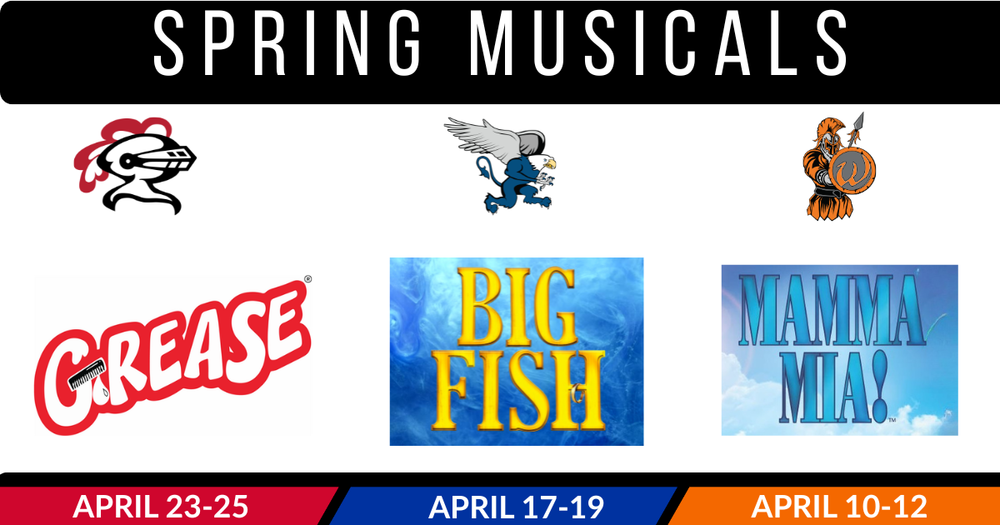 Spring Musicals. LWC Logo, Grease logo, April 23-25 East logo, Big Fish logo, April 17-19 West logo, Mamma Mia! logo, April 10-12