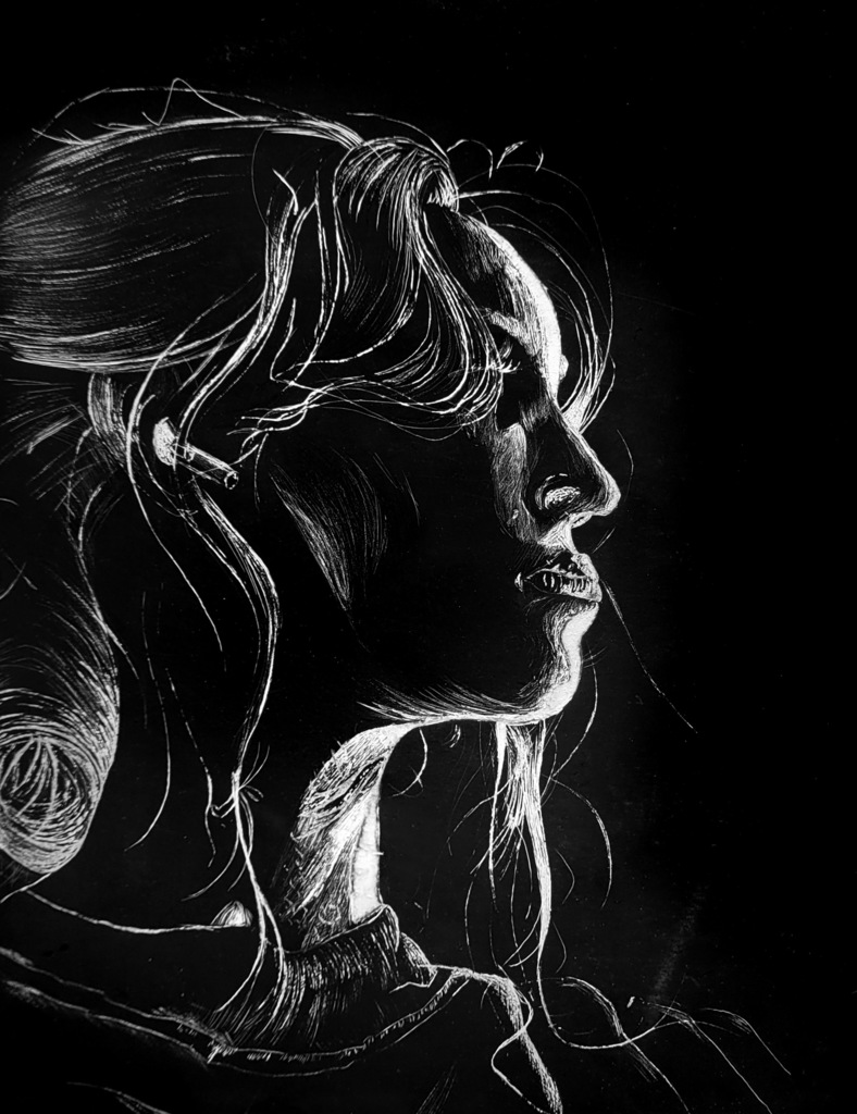 Scratchboard art by Amelia Clark