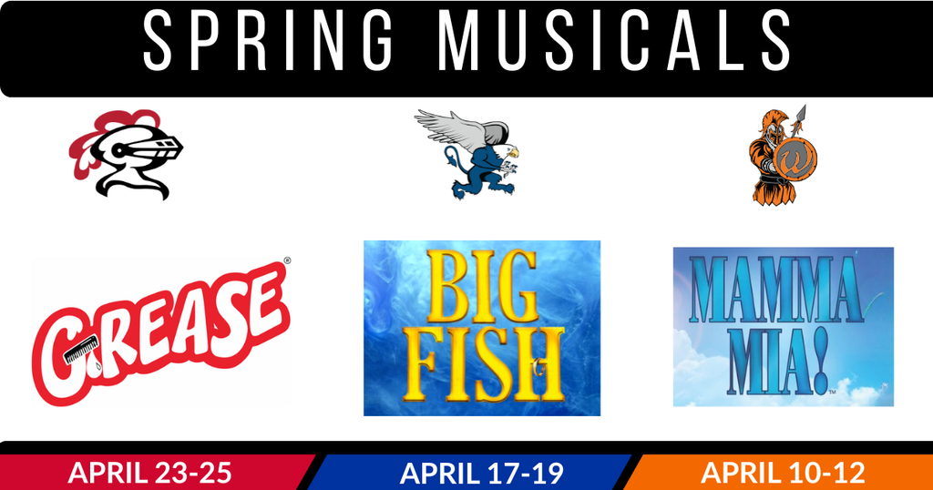 Spring Musicals. LWC Logo, Grease logo, April 23-25 East logo, Big Fish logo, April 17-19 West logo, Mamma Mia! logo, April 10-12