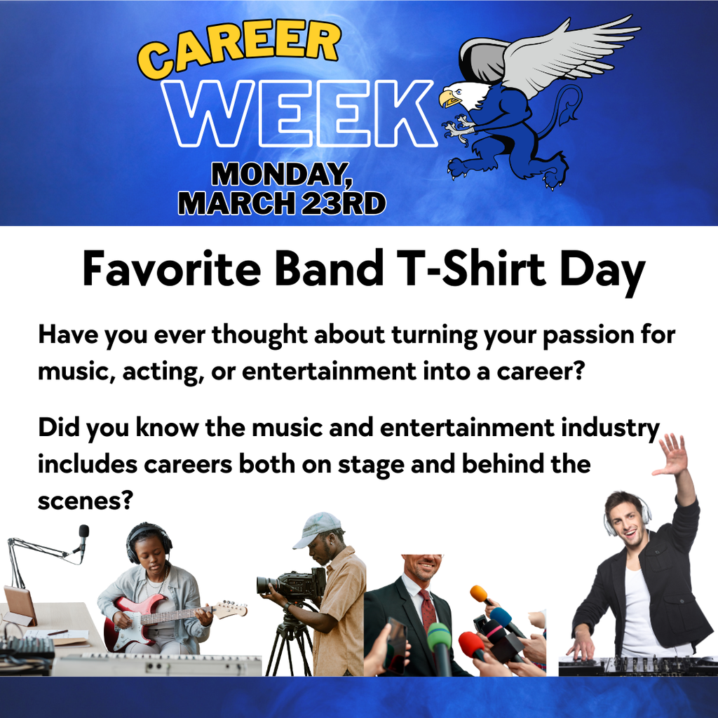 We’re kicking off Career Week Spirit Week with Favorite Band T-Shirt Day! Show off your favorite music artist or band by wearing their t-shirt to school on Monday, March 23rd. Whether you love classic rock, country, pop, or hip-hop, let your music style shine! Favorite Band T-Shirt Day  Monday, March 23 This is just the beginning of the fun as we lead up to our Career Week Expo on Friday! Stay tuned for the rest of the spirit days and get ready to participate.