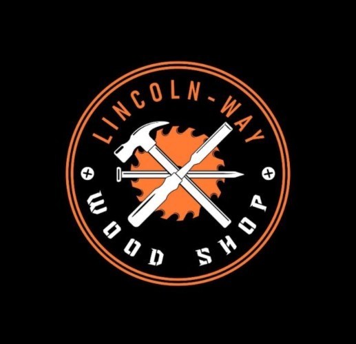 Circular logo with white text "LINCOLN-WAY WOOD SHOP". Two crossed tools: a hammer and a saw. Black background.