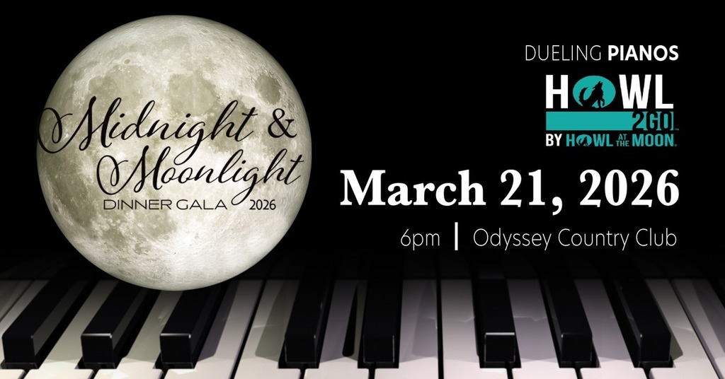 A full moon is placed on piano keys, with text overlay stating "Midnight & Moonlight" and "March 21, 2026"."6pm Odyssey Country Club"