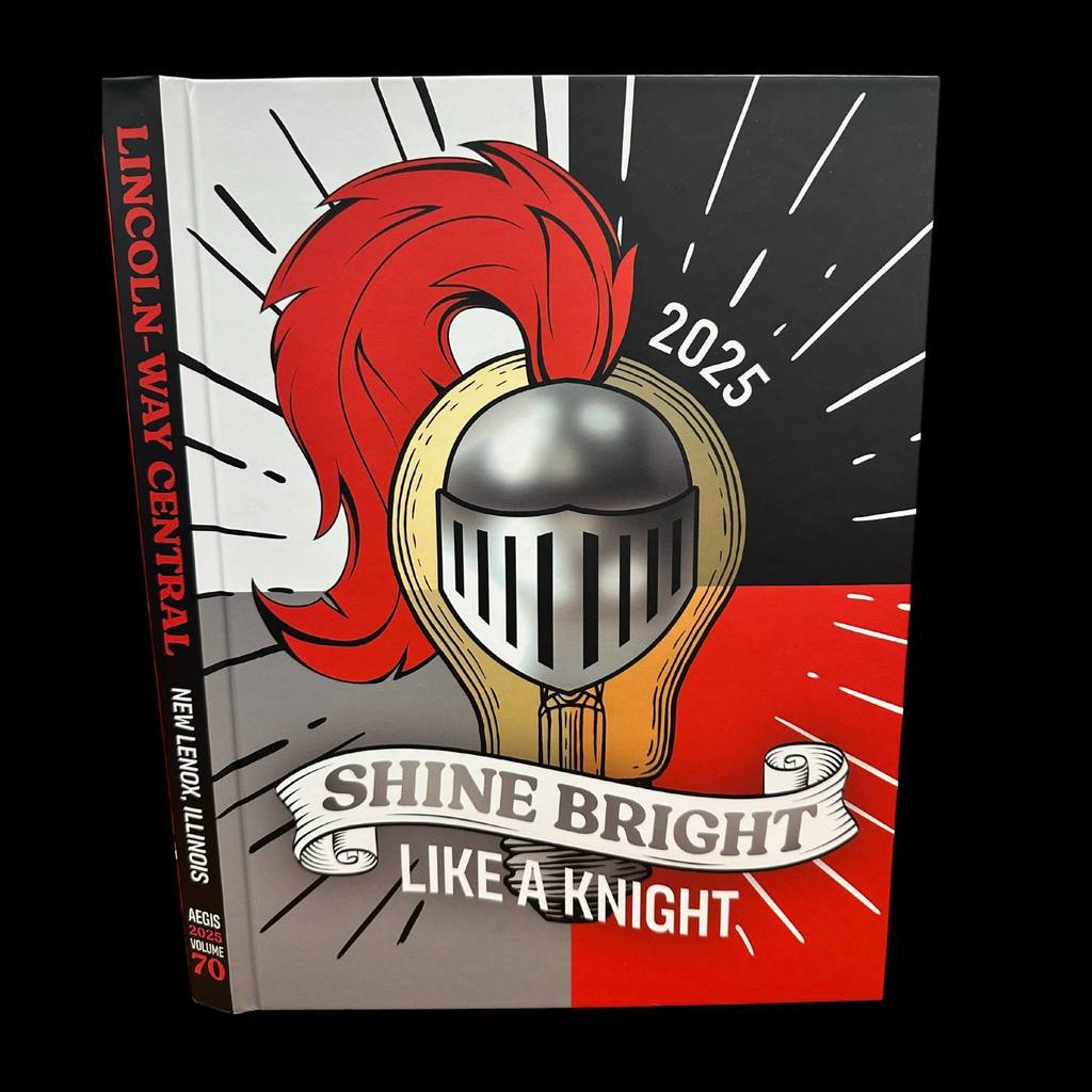 A yearbook cover with a knight's helmet and light bulb design. Text reads "Shine Bright Like a Knight" and "2025".