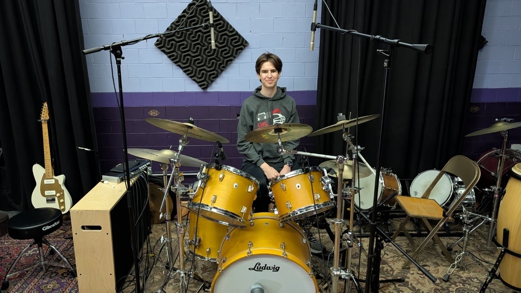 Liam Kelly on the drumset at the ILMEA Festival