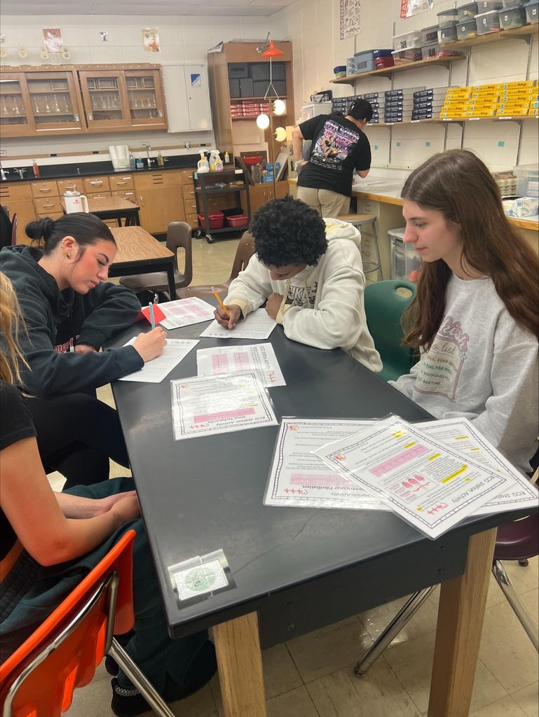 Four people sit around a table, working on papers, with cabinets and shelves in the background.
