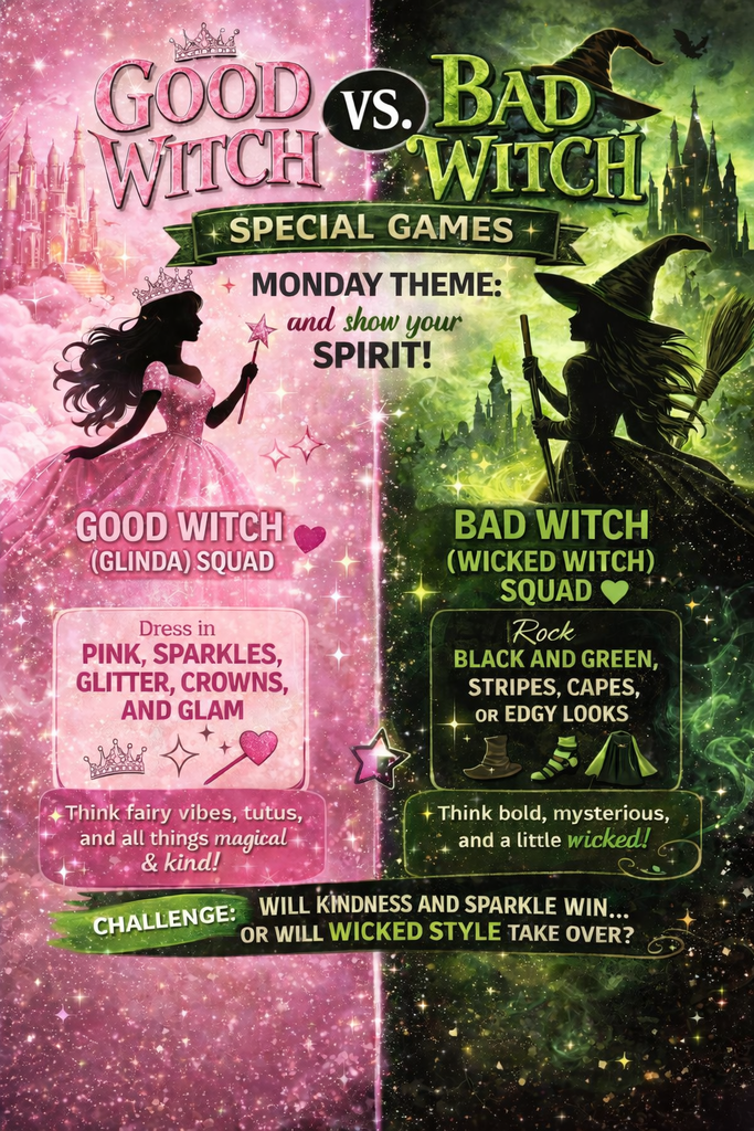 Good Witch vs. Bad Witch Day: Students divide between dressing in pink/sparkly (Glinda) or black/green (Wicked Witch).