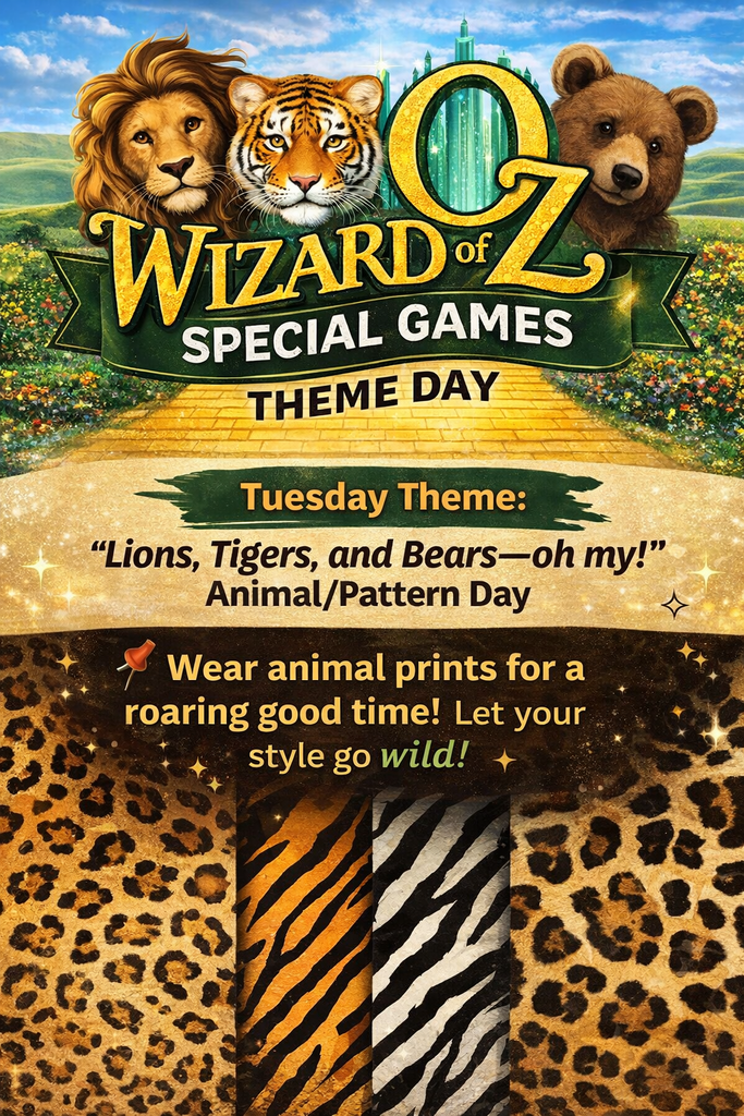 Tuesday: Lions, Tigers, and Bears (Animal/Pattern Day) Wear animal prints or dress like an animal.