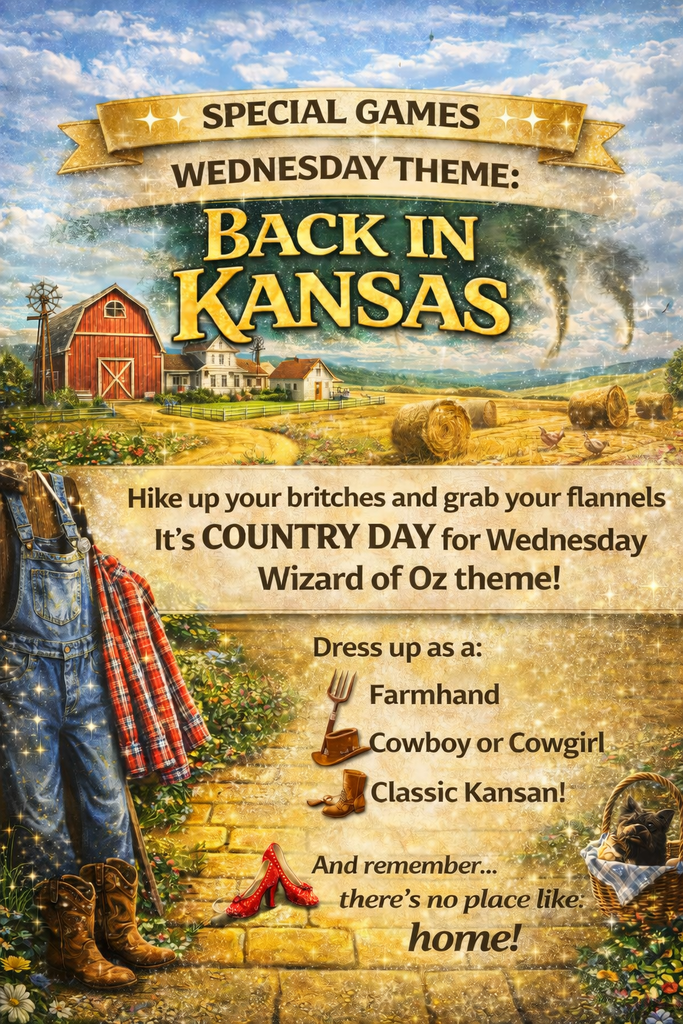 Wednesday: Back in Kansas Day! 🤠🌾  We’re not in Oz anymore… it’s time to head Back to Kansas!  Hike up your britches, grab your flannels, and show off your best country style! 🌾👢  Think denim, plaid, boots, and all the rustic vibes as we bring a little Kansas to school!