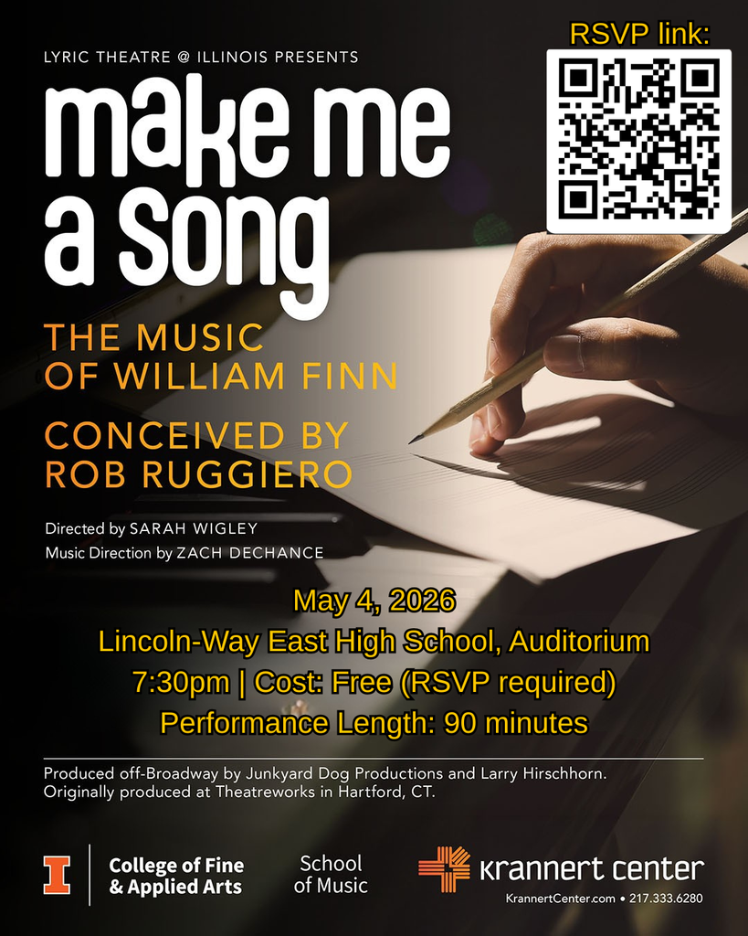 Poster with a hand holding a pencil and a QR code. Text reads: "Make Me a Song". Details include date, time, venue, and performance length.