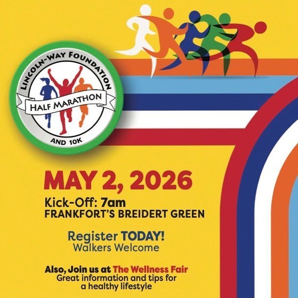 Yellow background with colorful stripes. A circular logo shows running figures and text "Half Marathon and 10K". Date reads "MAY 2, 2026".