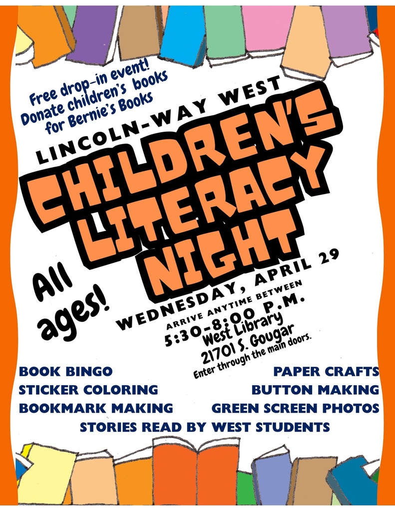 A poster advertises "Children's Literacy Night" on April 29. The poster includes activities such as book bingo, sticker coloring, and paper crafts.