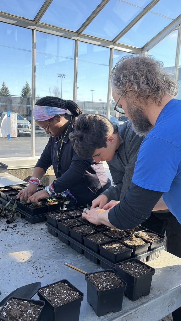 Three people work on potted plants inside a greenhouse. Two of them wear glasses. The person in blue has a beard.