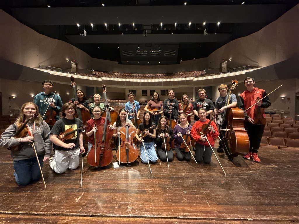 A group of musicians in a concert hall, holding cellos, violins, and other string instruments, posing for a photo.
