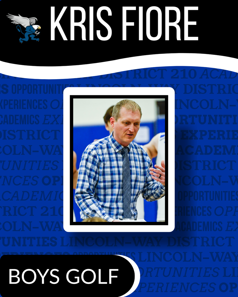 A blue and white header displays "KRIS FIORE" above a man in a blue checkered shirt and tie. Text reads "BOYS GOLF" at bottom.