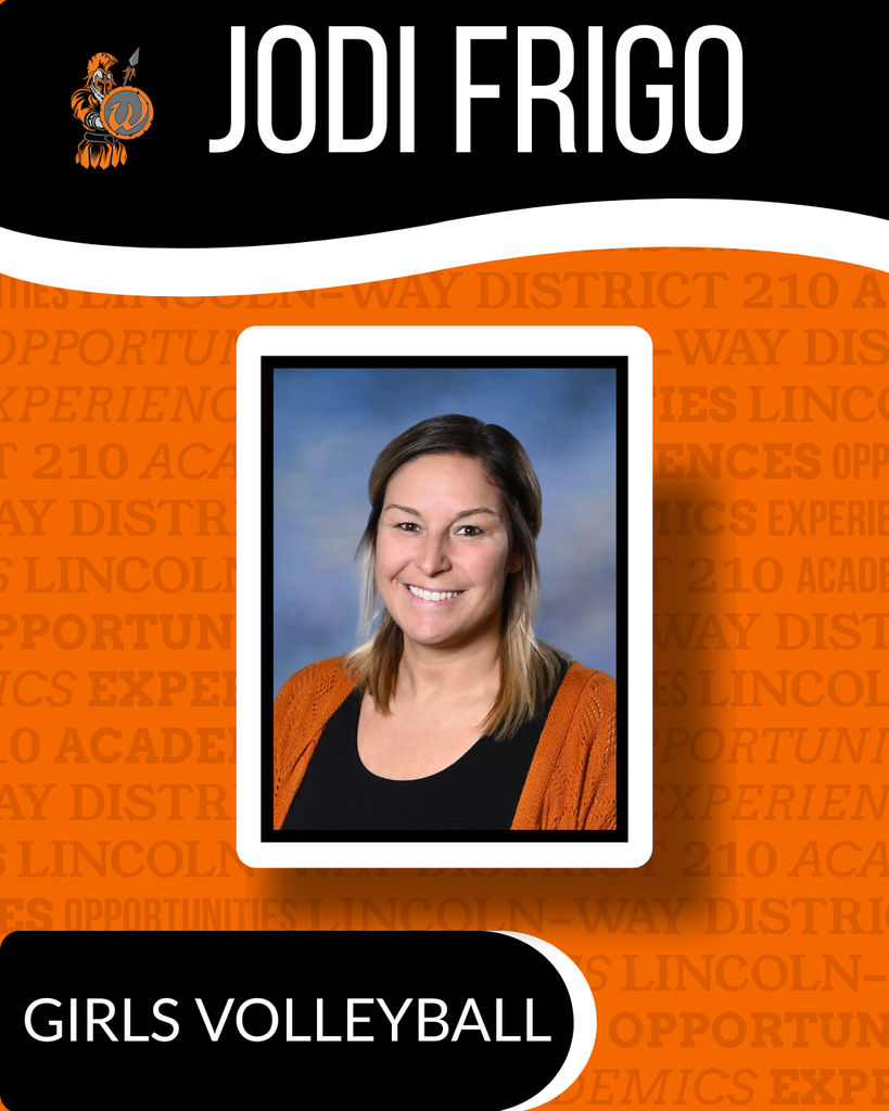 A woman smiles with a blurred orange background and the text "JODI FRIGO" above, and "GIRLS VOLLEYBALL" below.