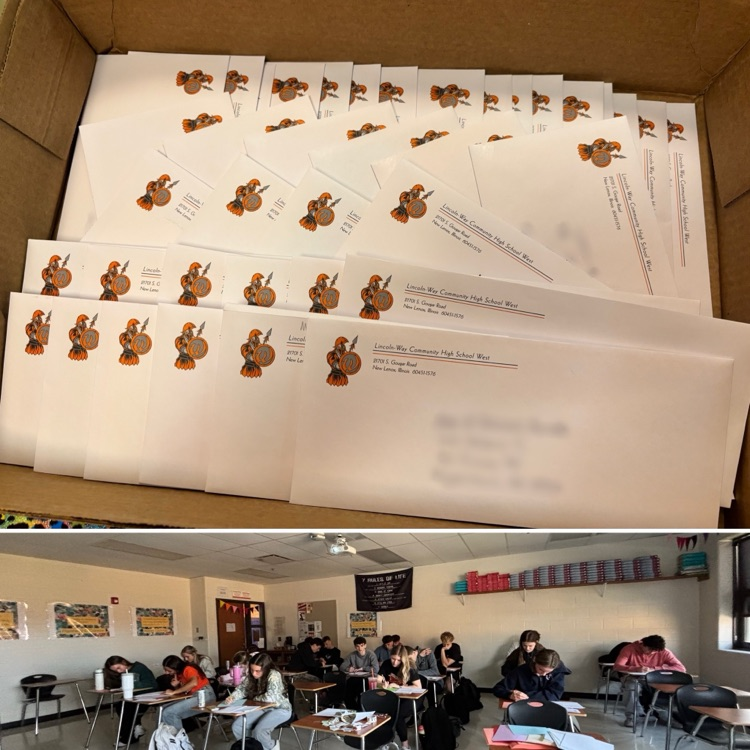 collage of envelopes and students writing cards