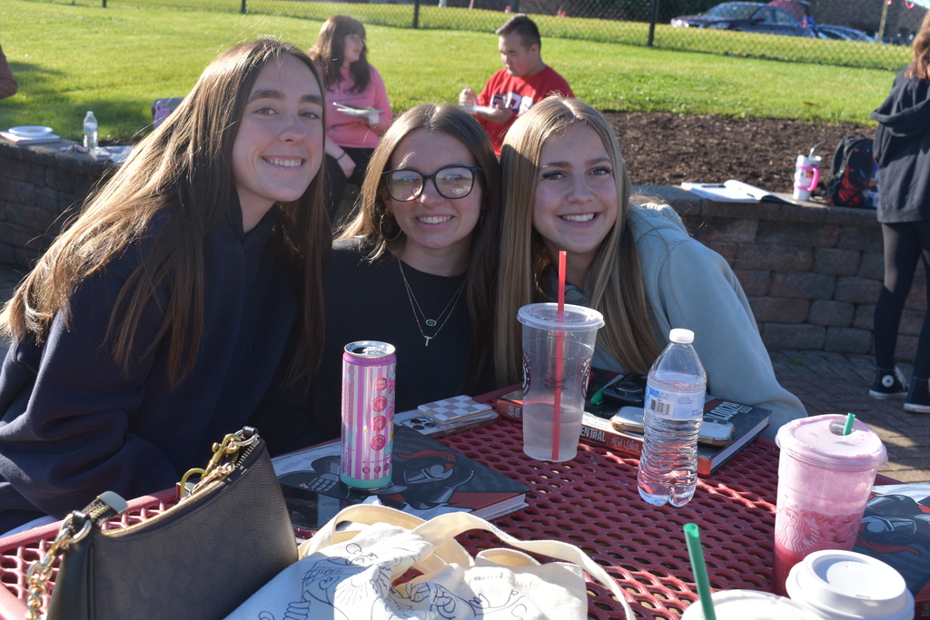 Three students sitting at a picnic table with cups, a handbag, and a book. Behind them, a grassy area with people and a car.