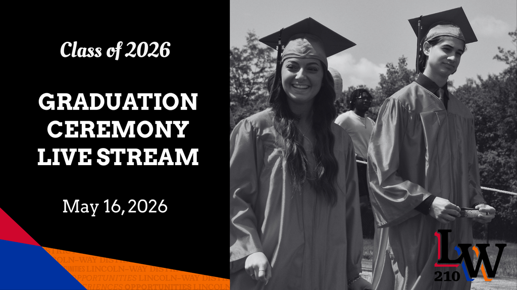 Black and white image of two students in caps and gowns. The text reads "Class of 2026 Graduation Ceremony Live Stream May 16, 2026".
