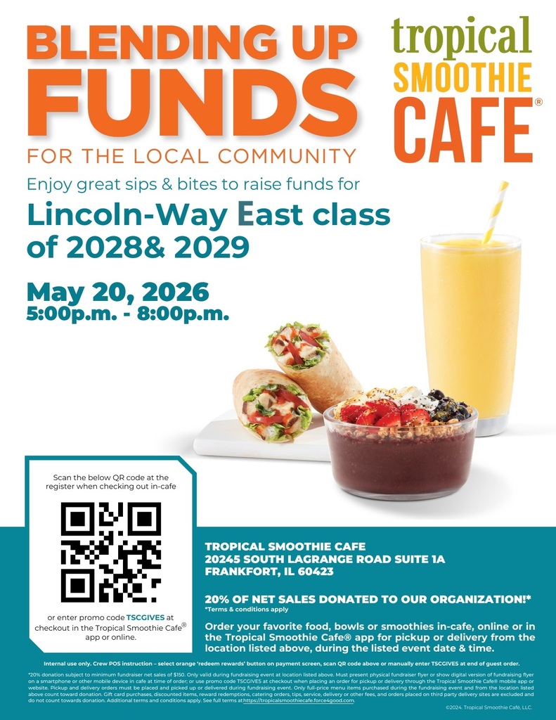 Tropical Smoothie Fundraiser-May 20th from 5:00-8:00pm at the Frankfort location.