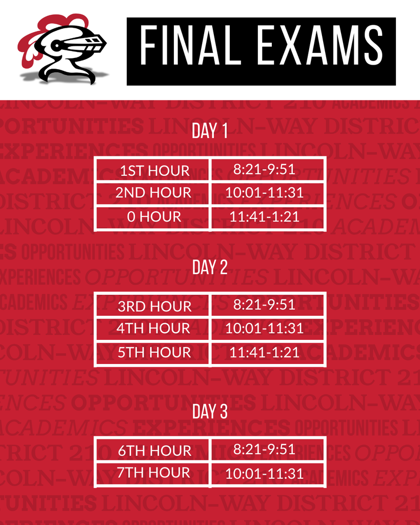 Red background with a LWC logo.Title "Final Exams" at top. Three days and hours listed.