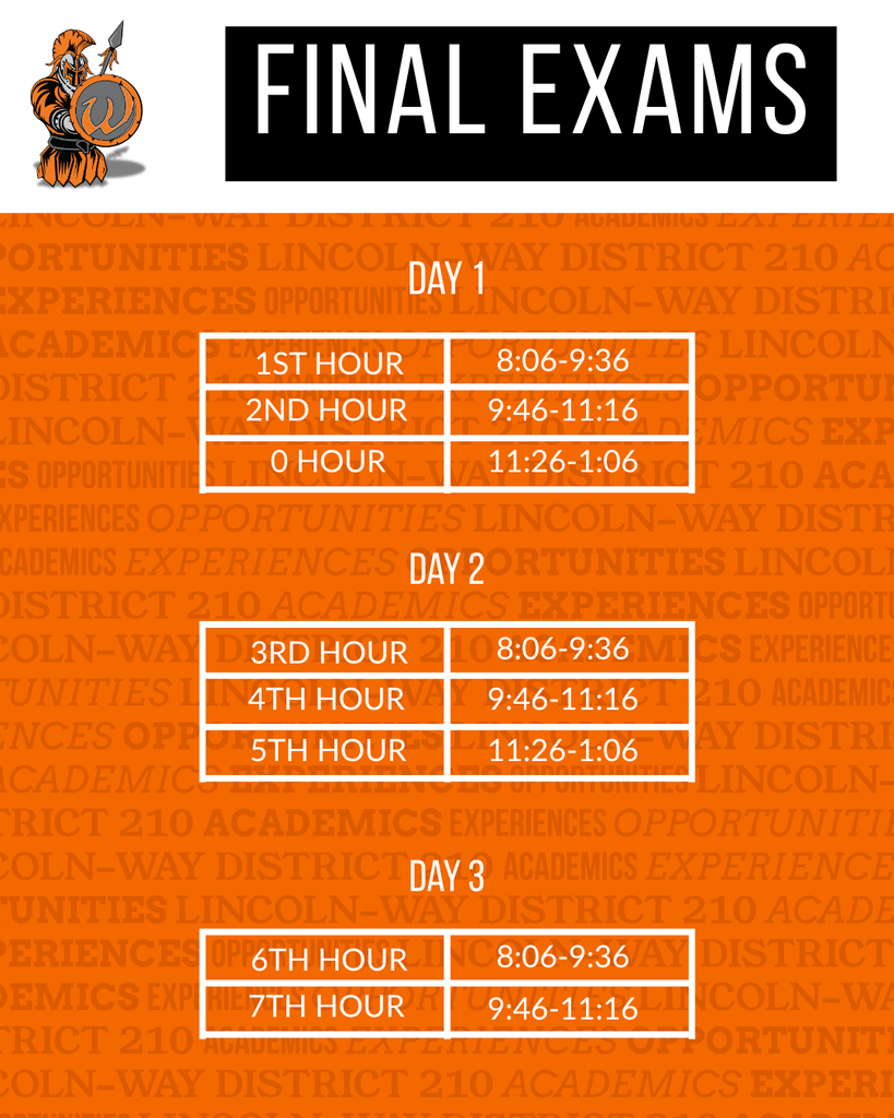 A n orange schedule for final exams over three days, showing start and end times for each hour.