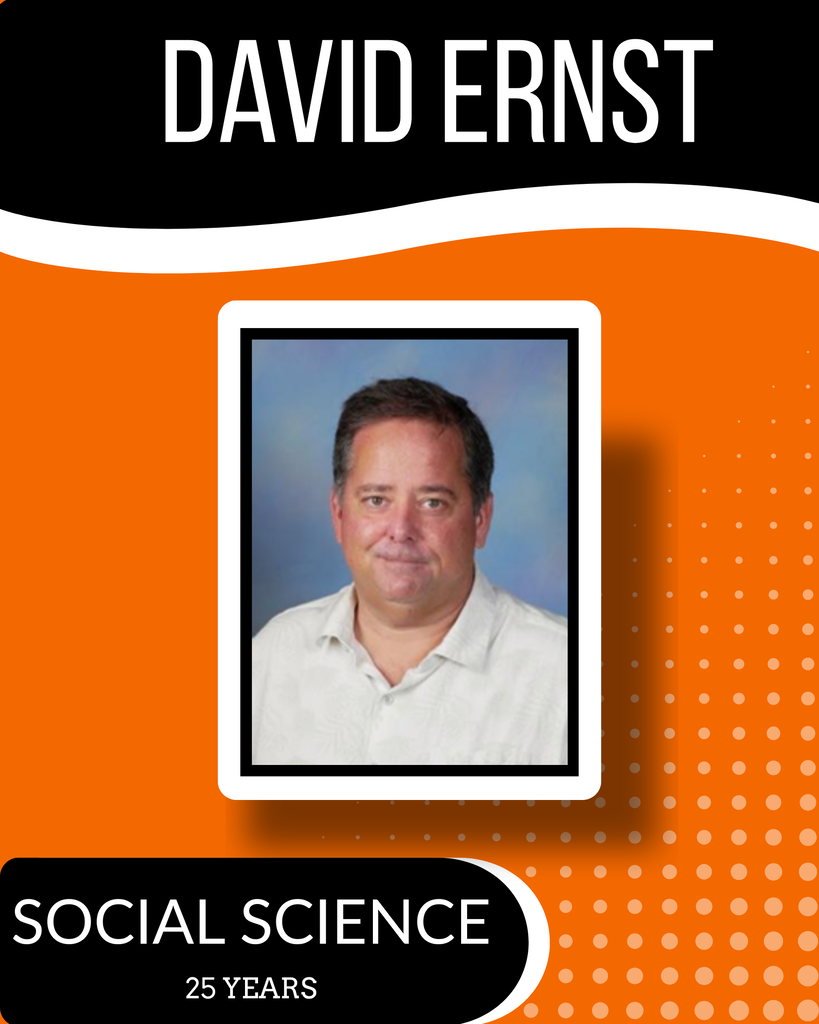 Orange and black background. White frame around a photo of a man. His name, "David Ernst," is above the photo.