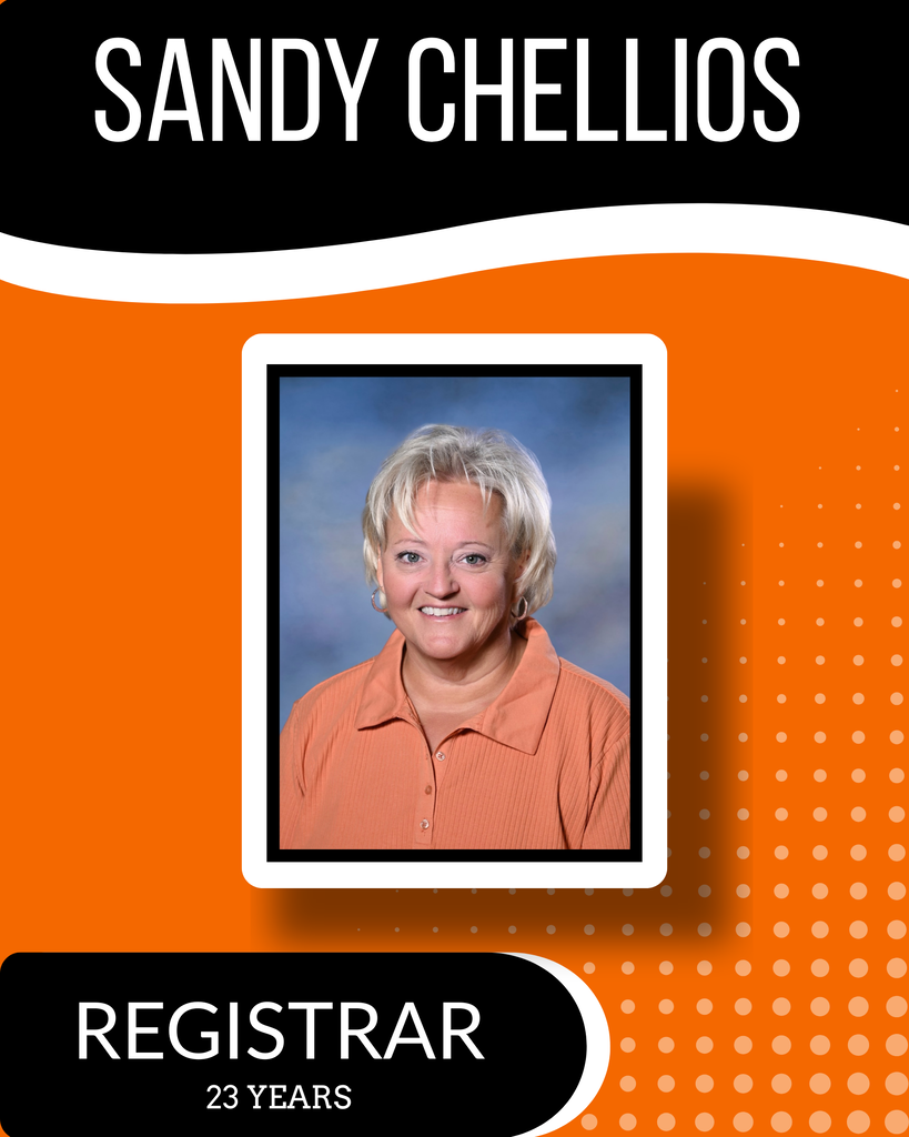 An orange background displays a photo of a woman wearing a peach polo shirt. Text reads "SANDY CHELLIOs, REGISTRAR, 23 YEARS."