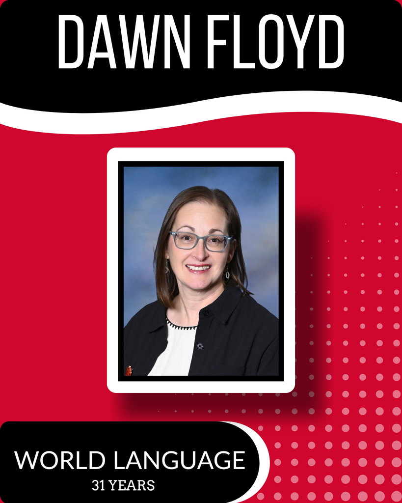A smiling woman with glasses on a red background. "DAWN FLOYD" is at the top, "WORLD LANGUAGE" below, and "31 YEARS" under that.