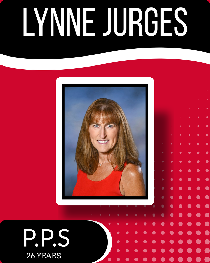 Photo of a woman in an orange sleeveless top. Her name, Lynne Jurges, is displayed above. Below, it reads P.P.S. 26 Years.
