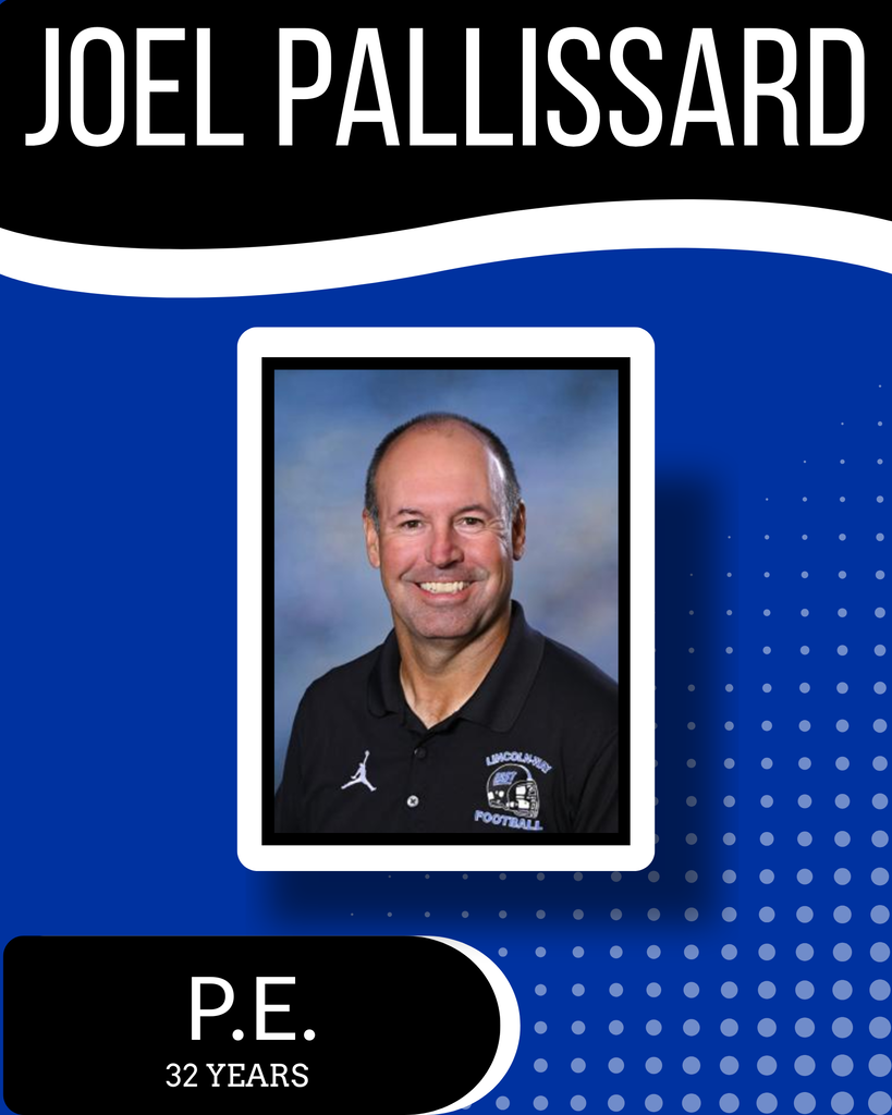 A blue and white design features a picture of a smiling man in a black polo shirt. Text reads "JOEL PALLISSARD" and "P.E. 32 YEARS".