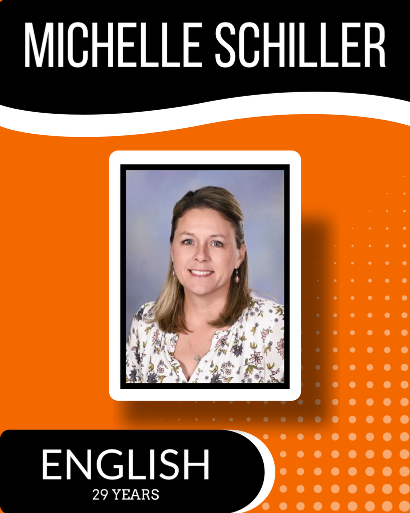 A poster with a smiling woman in a floral shirt. It says "Michelle Schiller" at the top. Below, it says "ENGLISH" and "29 YEARS."