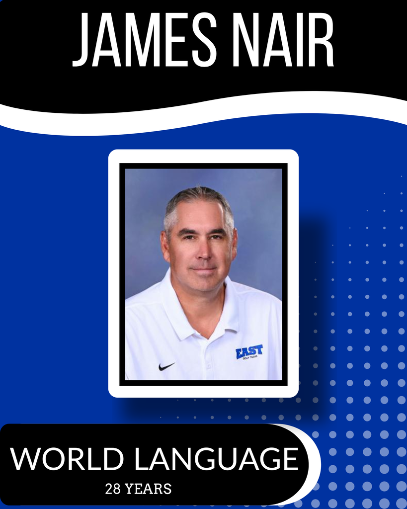 A blue and white background with a white border shows a photo of a man. He wears a white polo shirt with "FAST" text. "JAMES NAIR" is at the top.